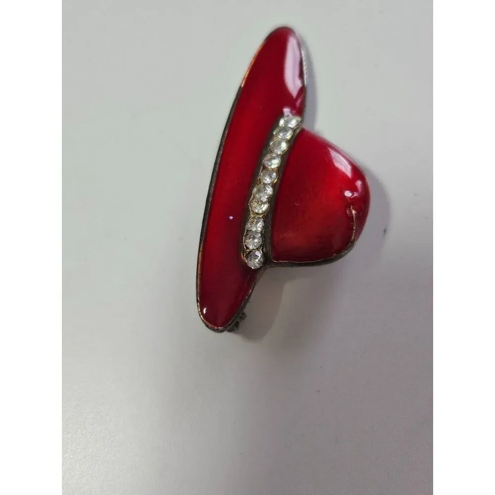 Gold tone red hat society brooch